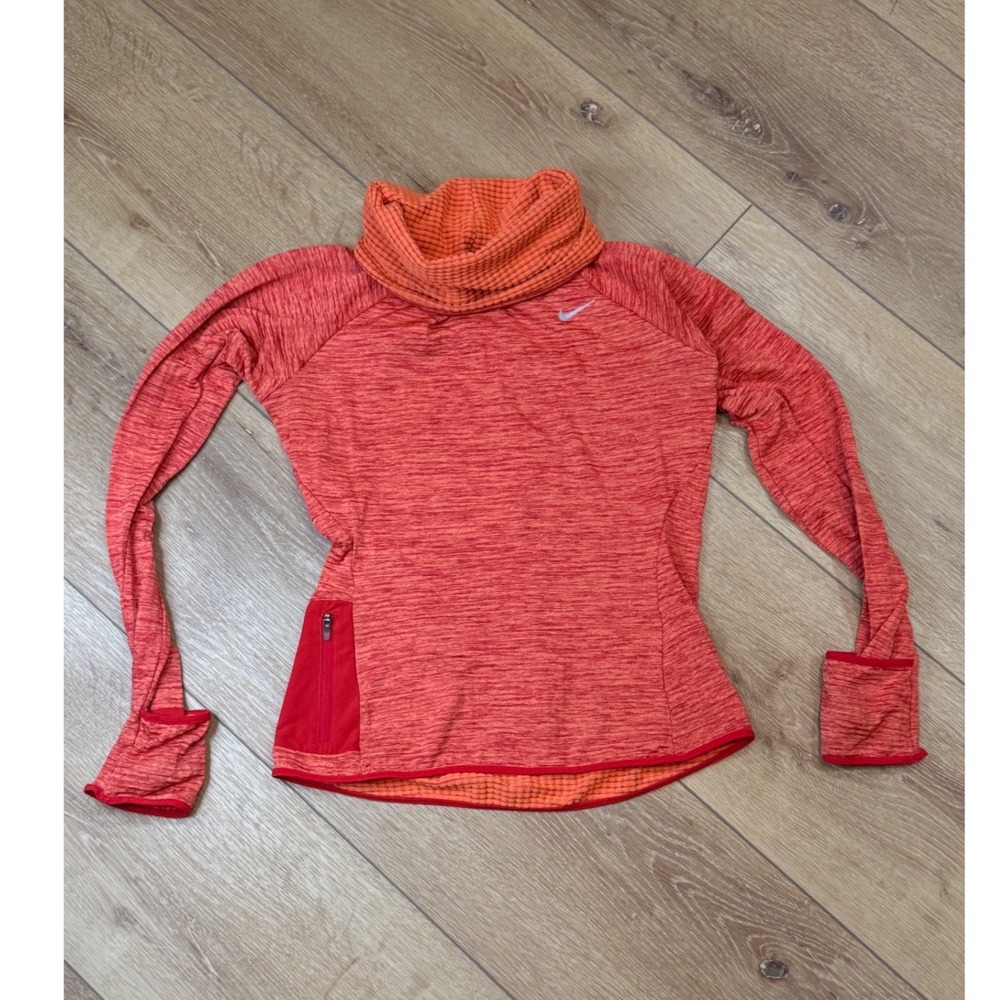 Nike Running Dri-FIT Cowl Neck Pullover Orange Red Space Dye XS Thumbholes